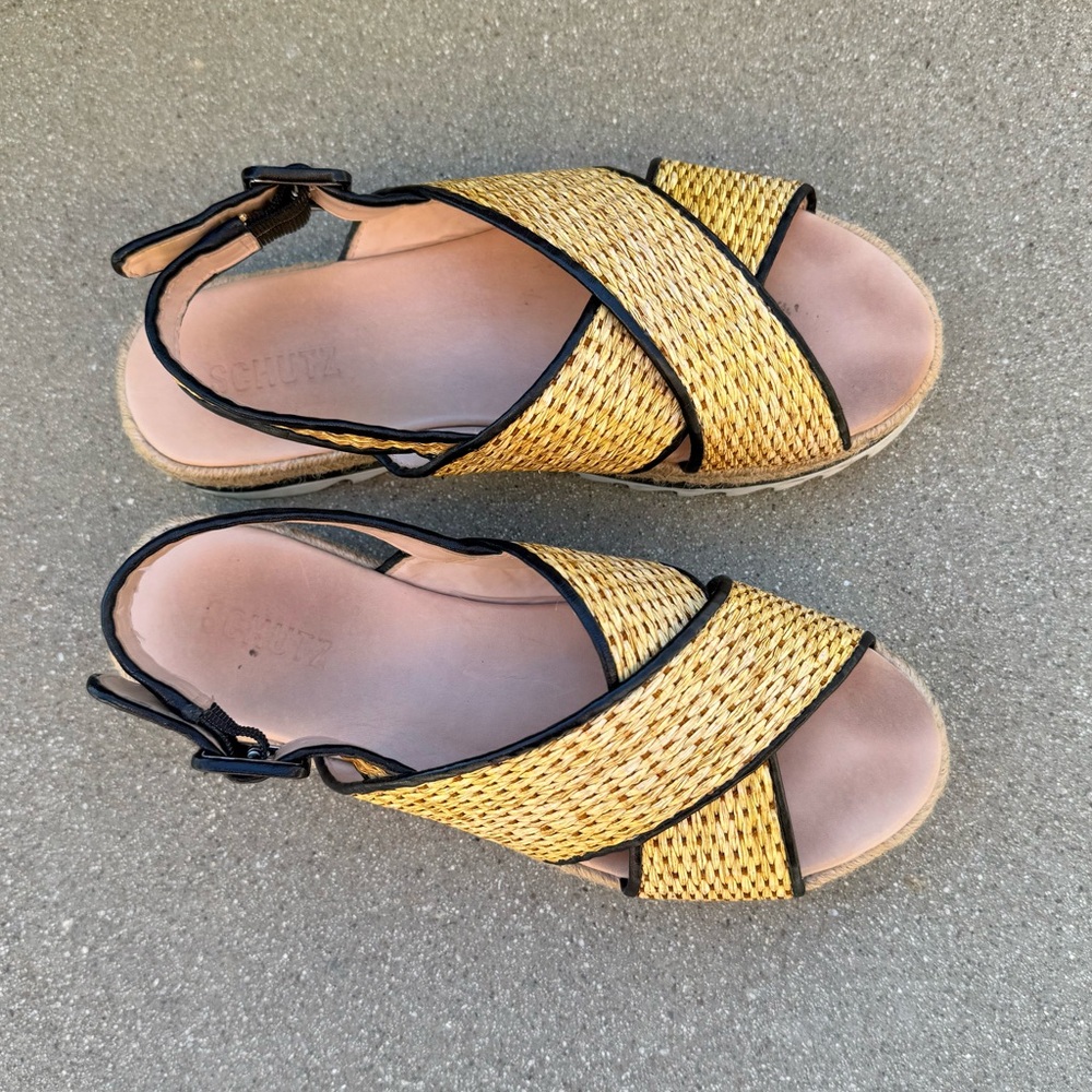 Schutz Aiyana Platform Slingback Sandal Size 7 Tan White Raffia - Picture 3 of 8